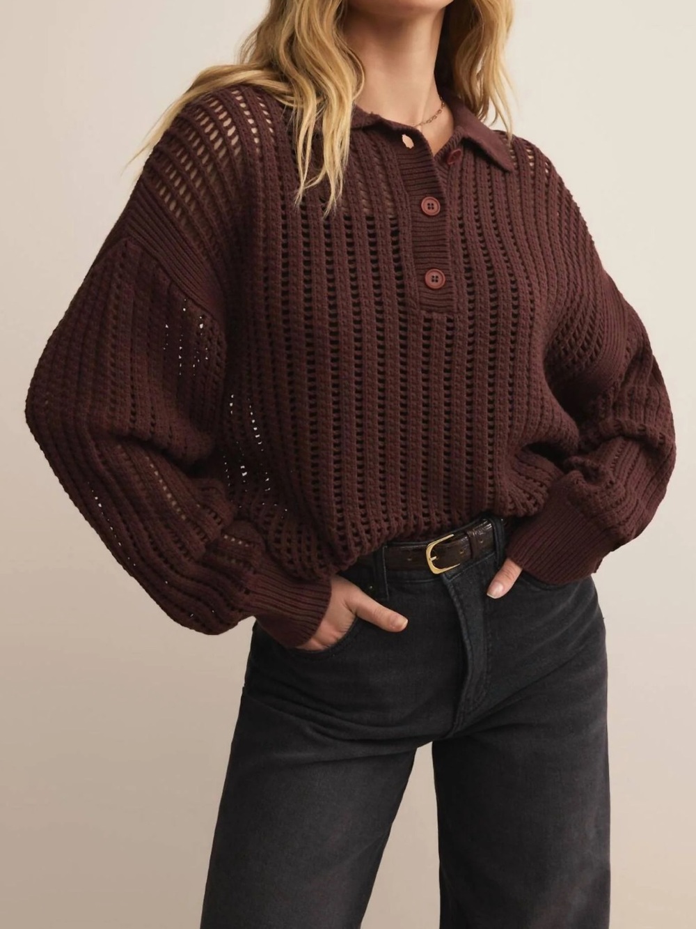 Z Supply Looking Glass Polo Sweater Sandalwood Brown Small NWT $98 100% Cotton